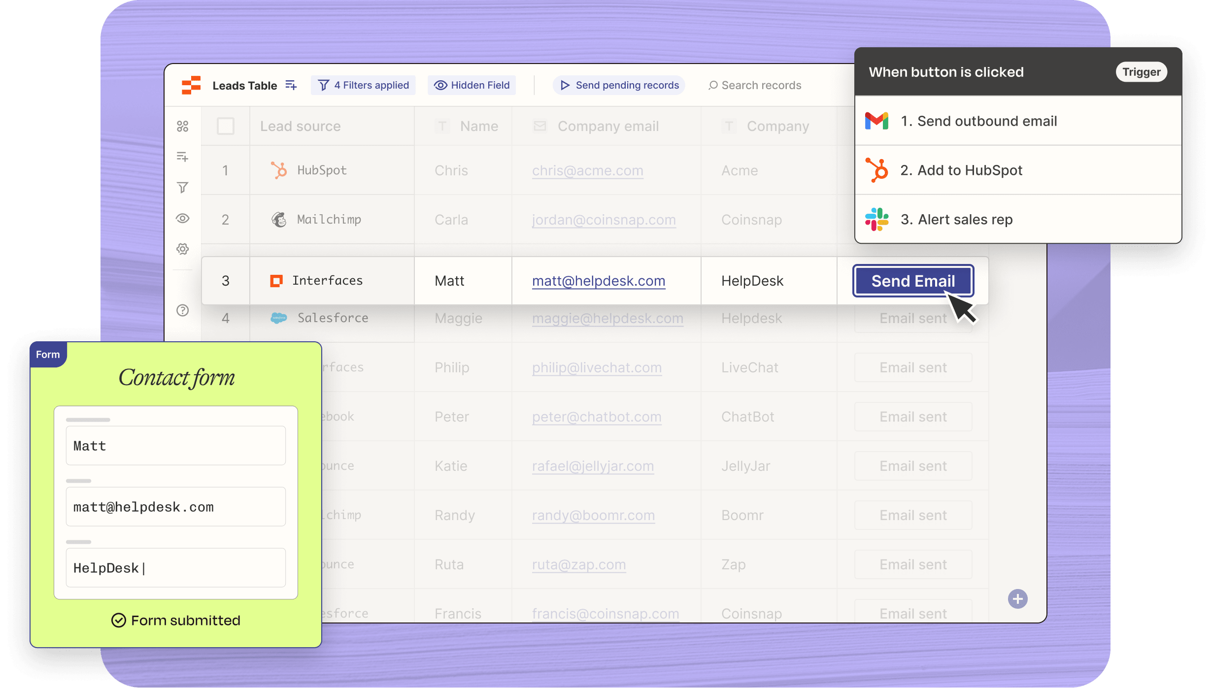 Table of leads integrated with a contact form and automations for sending an outbound email, adding contact to HubSpot, and notifying reps in Slack